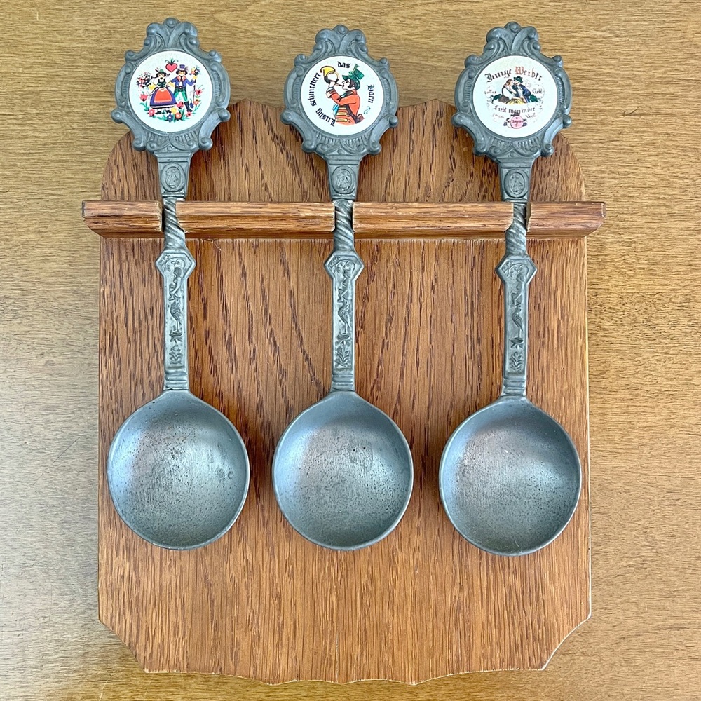 Vintage Germany BMF Rein Zinn Pewter Spoon Set with Porcelain Medallions (3)